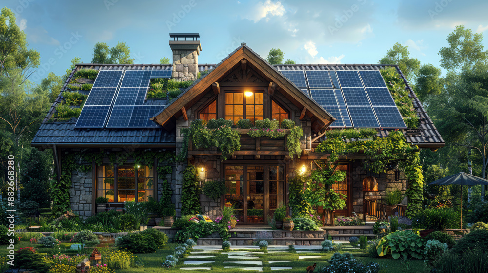 A large house with a green roof and a lot of plants. The house is surrounded by a lush garden and has a lot of natural light coming in through the windows A large house with a green roof and a lot of plants. The house is surrounded by a lush garden and has a lot of natural light coming in through the windows