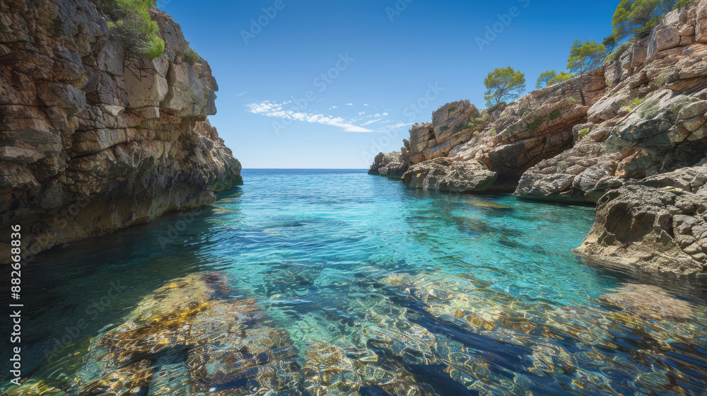 Fototapeta premium A secluded cove with rocky cliffs and crystal-clear water, perfect for a tranquil escape