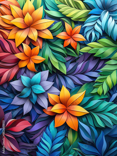 Fototapeta Naklejka Na Ścianę i Meble -  Elegant colorful tree with vibrant leaves hanging branches illustration background. Bright color 3d abstraction wallpaper for interior mural painting wall art decor. Ai	