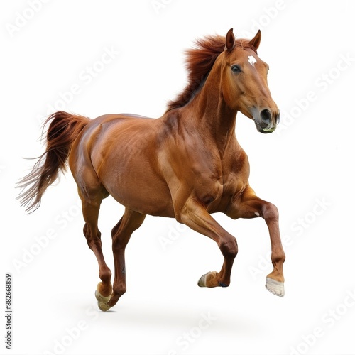 A chestnut horse running freely against a white background. Its mane and tail flow in the wind, capturing the essence of freedom.