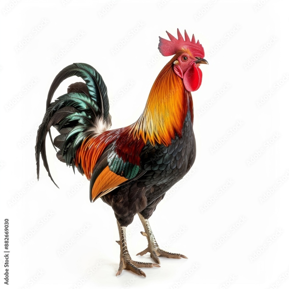 A colorful rooster stands proudly against a white background, showcasing its vibrant plumage and sharp crest. A colorful rooster stands proudly against a white background, showcasing its vibrant plumage and sharp crest.