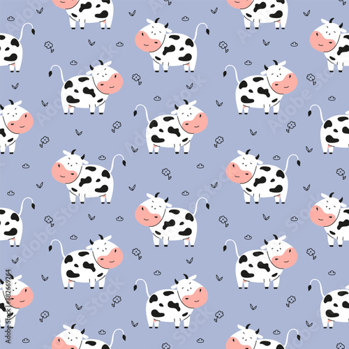 Cute cow seamless pattern with flower and leaf