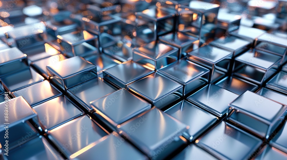 An abstract background with a grid of 3D cubes and prisms in metallic shades, creating a futuristic look. An abstract background with a grid of 3D cubes and prisms in metallic shades, creating a futuristic look.