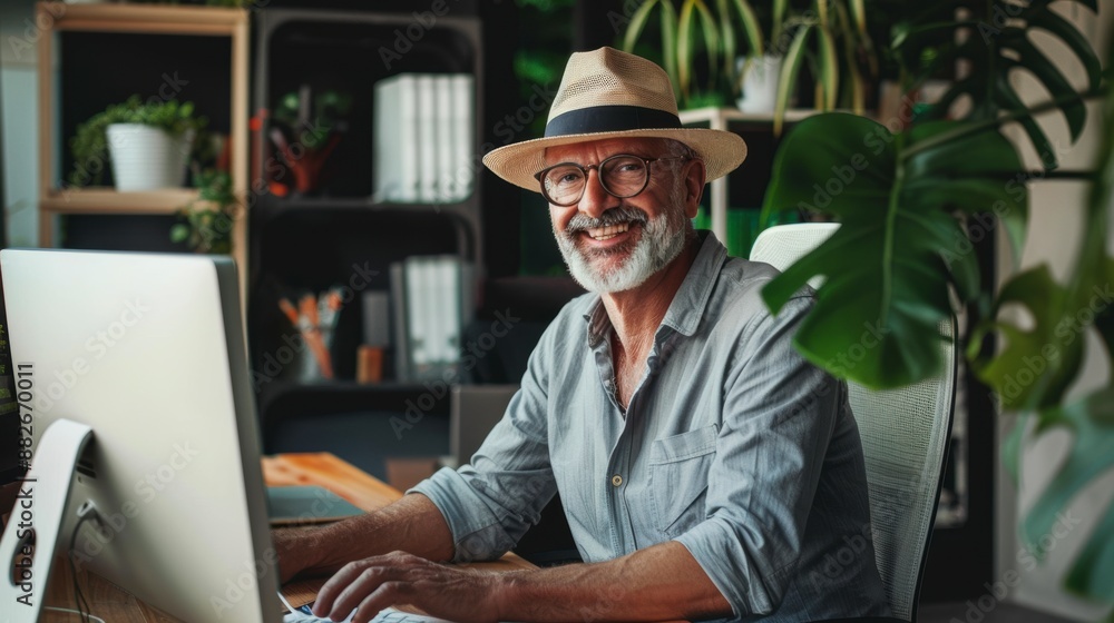 Happy Elderly Man Enjoying Work from Home in a Bright and Comfortable Home Office Happy Elderly Man Enjoying Work from Home in a Bright and Comfortable Home Office