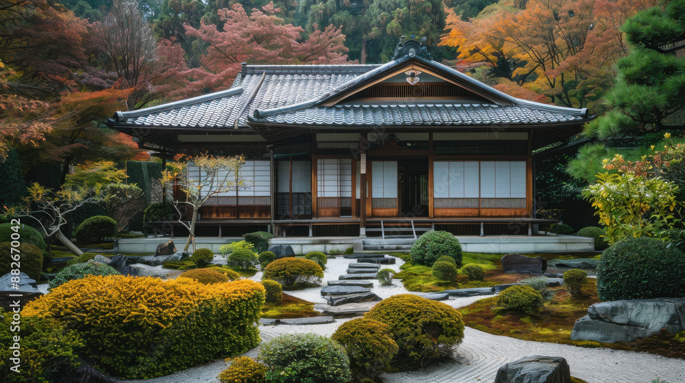 Fototapeta premium A traditional Japanese house with sliding shoji doors, surrounded by a serene Zen garden