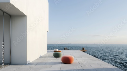 Architectural perspective of a modern waterfront promenade with uncomplicated design and colorful seating areas, offering scenic views. Illustration, Image, , Minimalism, photo