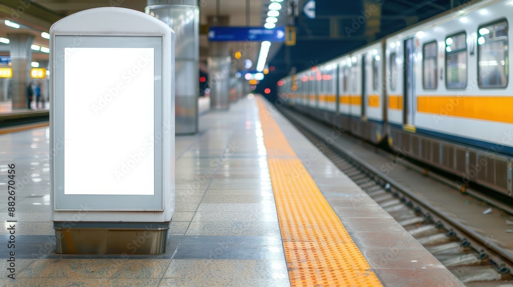 Naklejka premium Vertical advertising billboard with empty digital screen on railway station. Blank white poster, public information board.