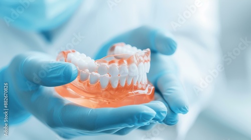 Detailed shot Dentists hands holding human jaw model in dental office.