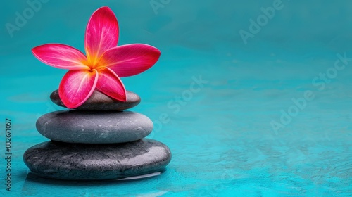 Tranquil spa scene with beautiful pink flowers on hot stones in water. Copy space for spa concept. Dark background.