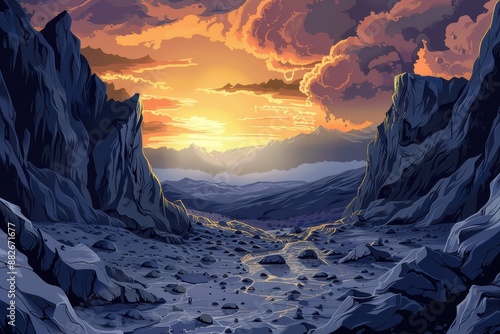 Rocky canyon landscape with sunset sky and distant mountains photo