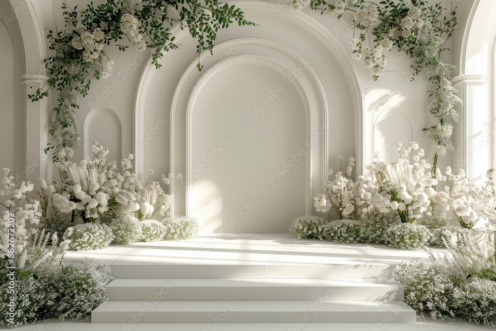 Fototapeta premium A white podium with geometric patterns, emphasizing modern art and design on a sleek stage.