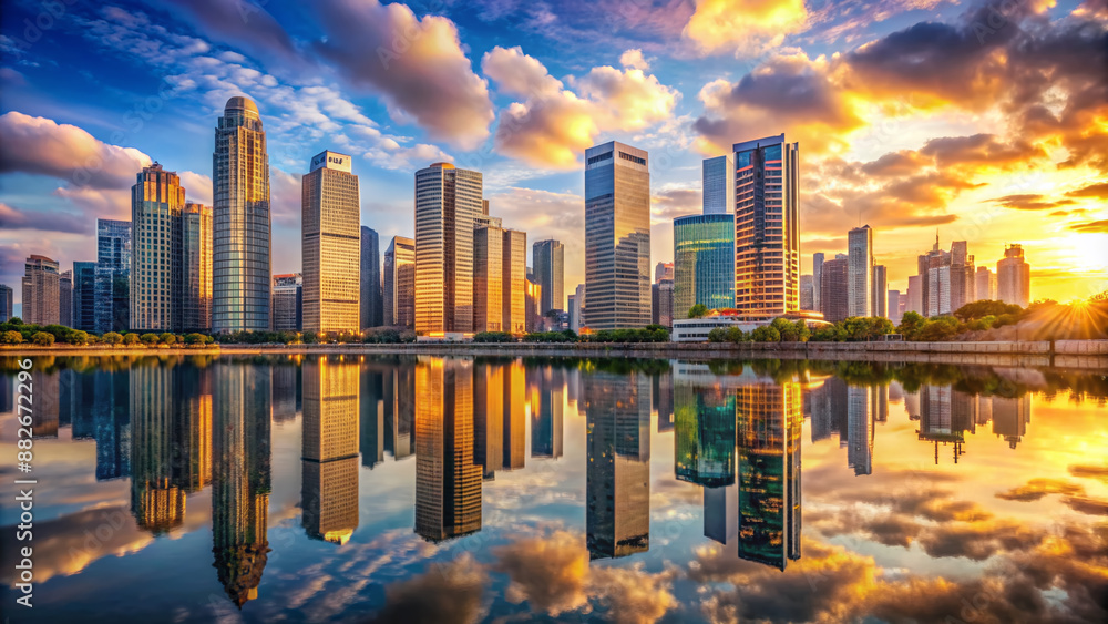 Vibrant cityscape with sleek skyscrapers, rich architectural details, and stunning reflections, bathed in warm sunshine, evoking a sense of prosperity and modernity. Vibrant cityscape with sleek skyscrapers, rich architectural details, and stunning reflections, bathed in warm sunshine, evoking a sense of prosperity and modernity.