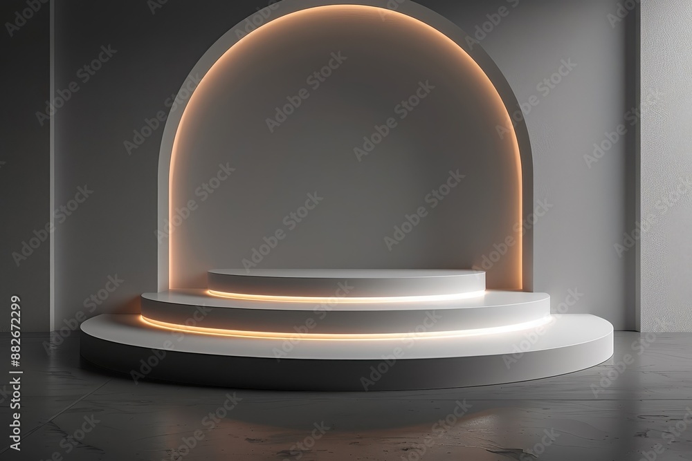 Obraz premium A sleek, contemporary white podium on a minimalist stage, illuminated by soft ambient lighting, exuding elegance and modernity.