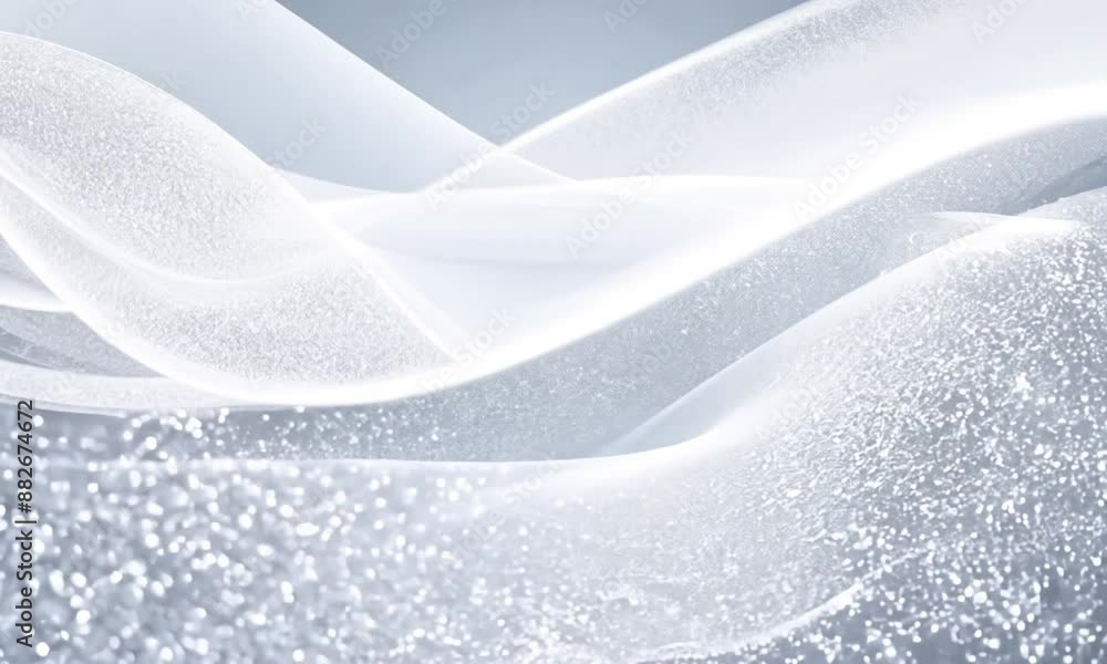 An abstract white wave pattern with shimmering particles on a light background, evoking a sense of purity and elegance An abstract white wave pattern with shimmering particles on a light background, evoking a sense of purity and elegance