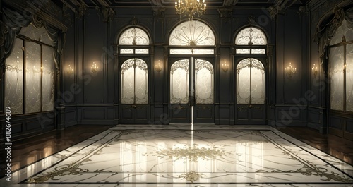 art deco entrance doorway of palace mansion interior. white victorian floral embellishments and art nuevo gothic style with black and gold ornamentals detailing. white marble floor.