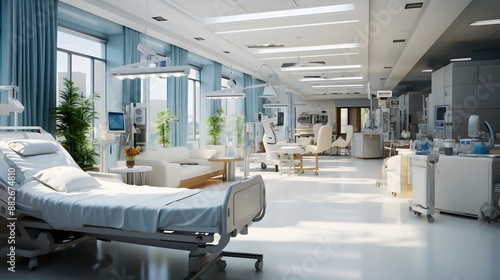 Modern hospital room with advanced medical equipment and large windows