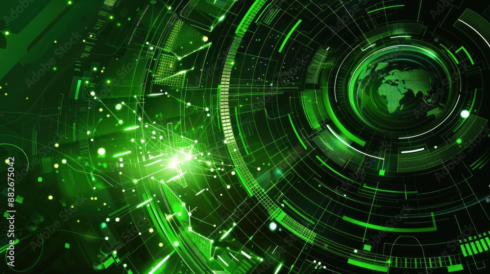 Abstract Digital Network with Green Glowing Lines and Globe