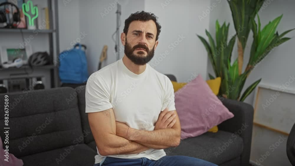 Displeased middle age hispanic man skeptically crossing arms in his living room, expression radiating disbelief in a stark white t-shirt. Displeased middle age hispanic man skeptically crossing arms in his living room, expression radiating disbelief in a stark white t-shirt.