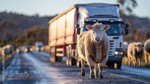 Sheep Walking on Rural Road Blocking Truck, Scenic Landscape in Background photo