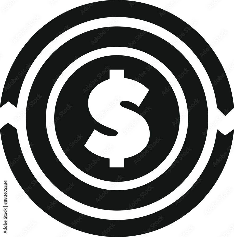 Black and white icon of a dollar sign rotating inside a circle, representing a financial transaction Black and white icon of a dollar sign rotating inside a circle, representing a financial transaction