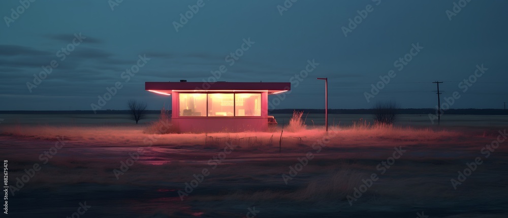 Obraz premium Modern house with glowing neon lights and sunset sky