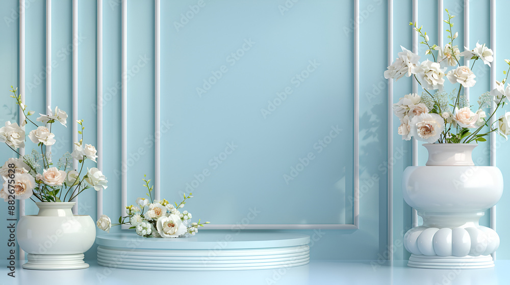 3d render, abstract minimal scene with geometrical forms, podiums, leaves, flowers on a blue background Futuristic design of podium for product demonstration,beautiful blooming flowers and tulips 3d render, abstract minimal scene with geometrical forms, podiums, leaves, flowers on a blue background Futuristic design of podium for product demonstration,beautiful blooming flowers and tulips