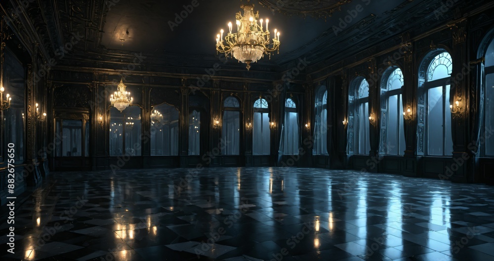 Obraz premium patio terrace balcony of palace mansion house at night. flowers, candles, and floral embellishments of black gothic art deco porch with tall windows and city view.
