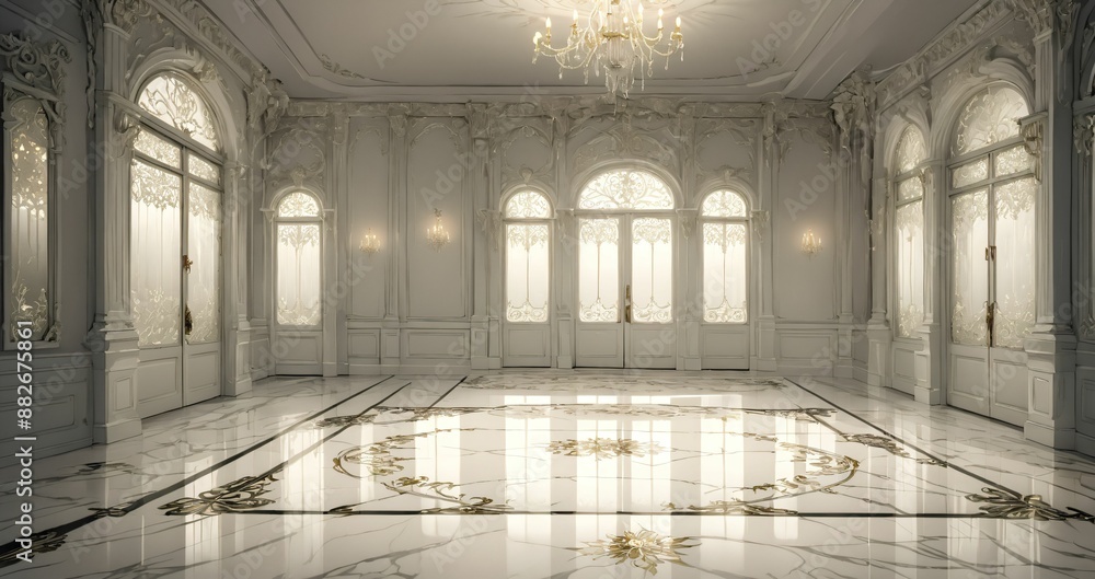 Naklejka premium white doorway door entrance interior of mansion palace lobby. gothic victorian art deco art nuevo floral embellishments and baroque ornamentals.