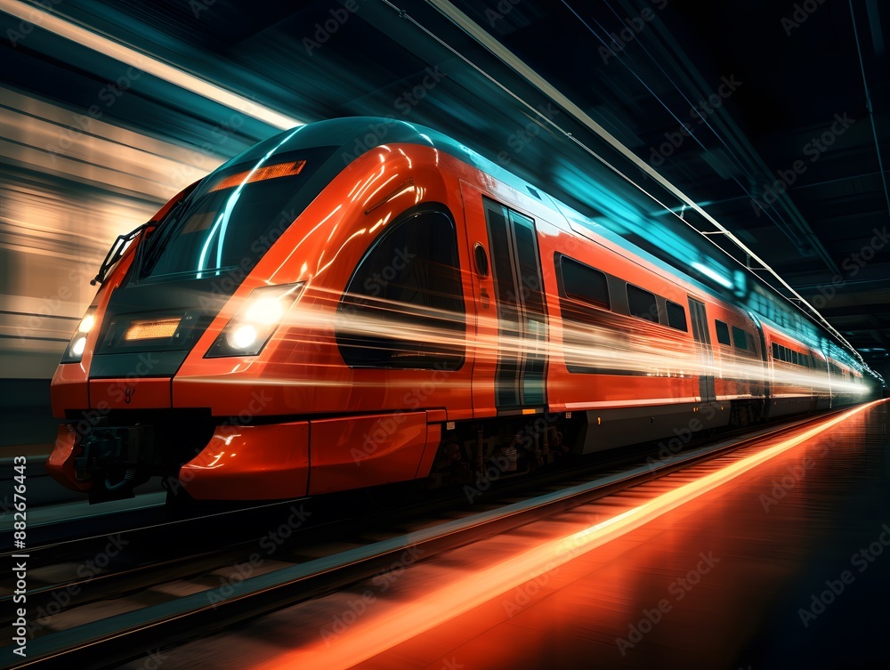 Naklejka premium High-speed train moving through a tunnel at night