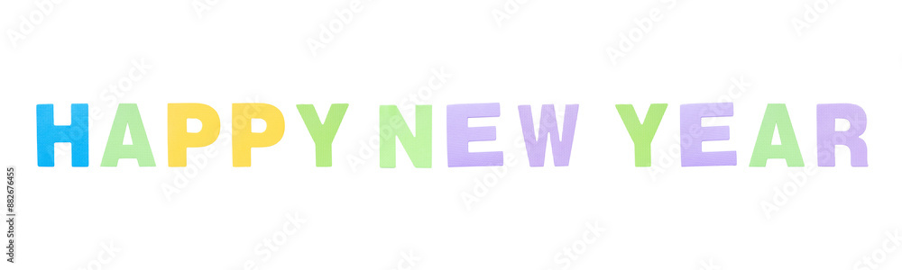 Jigsaw English English foam letters happy new year isolated on cut out PNG or transparent background. Colorful alphabet puzzle blocks assembled to display Jigsaw English English foam letters happy new year isolated on cut out PNG or transparent background. Colorful alphabet puzzle blocks assembled to display