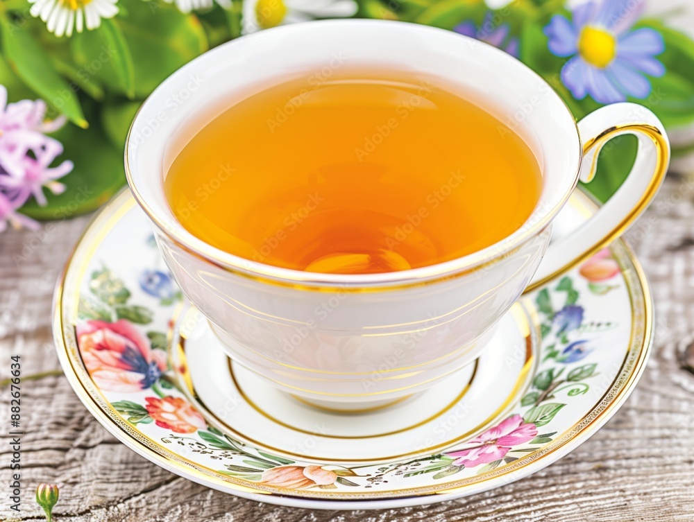 Elegant porcelain teacup filled with golden tea, surrounded by colorful flowers. Elegant porcelain teacup filled with golden tea, surrounded by colorful flowers.