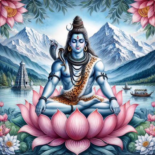 God Shiv watercolor illustration background by AI generative photo