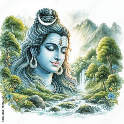 God Shiv watercolor illustration background by AI generative photo