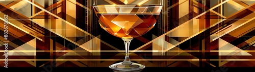 Art Deco cocktail in an elegant, goldaccented glass, with geometric garnishes, Art Deco, Digital Painting photo