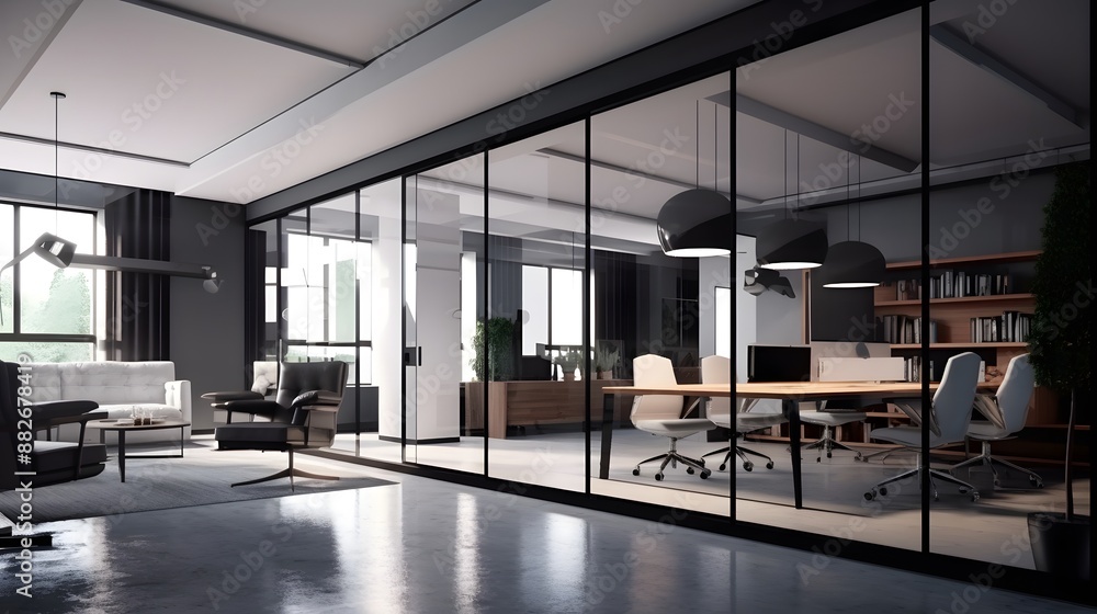Stylish office space with glass walls and contemporary furniture Stylish office space with glass walls and contemporary furniture