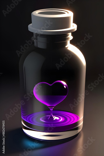 Heart in a bottle. On a dark background. Artistic illustration.