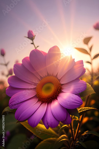 Beautiful purple flower. Sunset. Close-up. Stylized illustration.