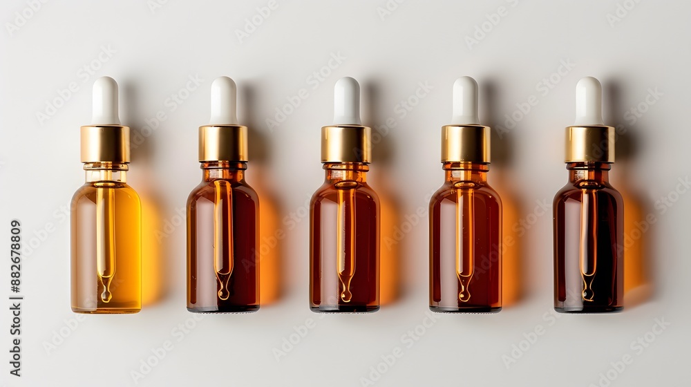 A set of amber glass skincare ampoules containing serum for anti-aging, smoothing, and moisturizing skin treatments. A set of amber glass skincare ampoules containing serum for anti-aging, smoothing, and moisturizing skin treatments.