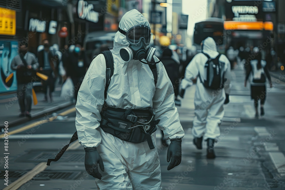 People in biohazard suits on city streets due to pollution and contamination People in biohazard suits on city streets due to pollution and contamination