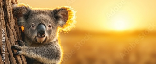 Full body shot of a koala perched on a eucalyptus tree, natural lighting, copy space photo