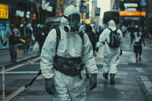People in biohazard suits on city streets due to pollution and contamination © Emanuel