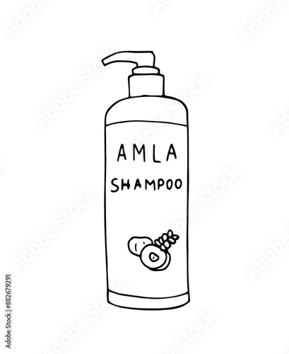 Amla shampoo. Hand-drawn shampoo bottle. Indian gooseberry. Hand-drawn illustration isolated on white background.