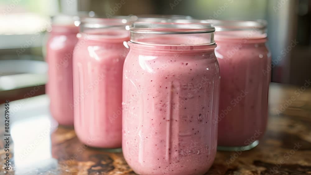 A set of mason jars filled with a creamy pink buckwheat detox smoothie perfect for prepping ahead and enjoying multiple days in a row. A set of mason jars filled with a creamy pink buckwheat detox smoothie perfect for prepping ahead and enjoying multiple days in a row.
