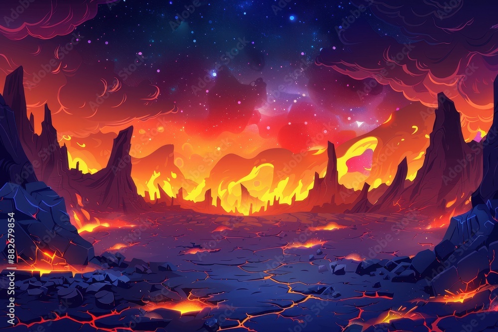 Fiery Fantasy Landscape with Molten Rocks and Nebula Sky Fiery Fantasy Landscape with Molten Rocks and Nebula Sky