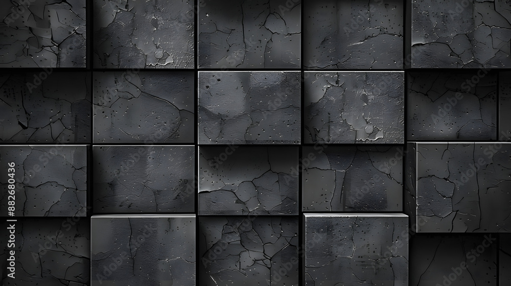 Naklejka premium A black and white photo of a wall made of gray blocks. The blocks are arranged in a grid pattern, with some of them slightly overlapping. The photo has a minimalist and modern feel to it