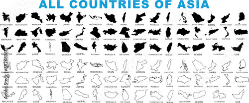 Asian countries map silhouette and outline set Asia nation borders geography collection educational illustration. Afghanistan, Armenia, Azerbaijan, Bahrain, Bangladesh, Bhutan, Brunei, Cambodia, China