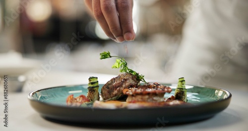 Quadro su tela Hands, food or sprinkle on dish for fine dining, culinary school or luxury restaurant