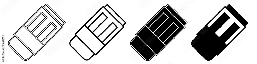 Black and white illustration of a eraser. Eraser icon collection with line. Stock vector illustration. Black and white illustration of a eraser. Eraser icon collection with line. Stock vector illustration.