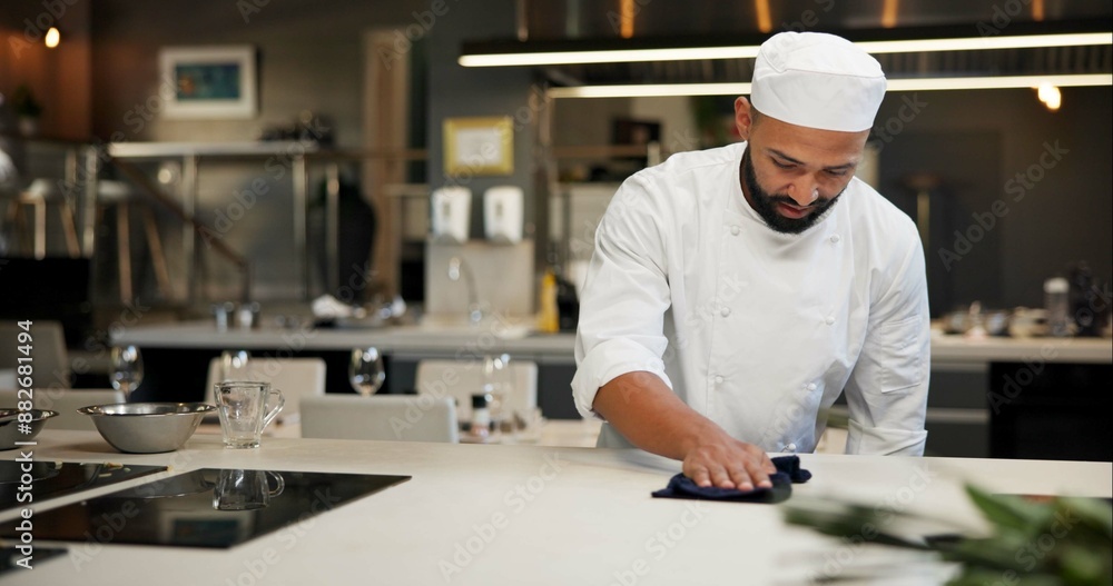 Man, chef and serious with cleaning kitchen counter at restaurant for fine dining, meal and creativity. Male employee, professional and cooker with cloth for culinary, hospitality and catering Man, chef and serious with cleaning kitchen counter at restaurant for fine dining, meal and creativity. Male employee, professional and cooker with cloth for culinary, hospitality and catering
