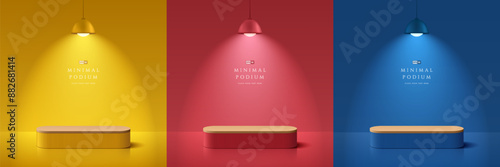 Set of 3D red, blue, yellow round product podium background with hanging lamps. Abstract composition minimalist design. Studio display showroom product pedestal, Fashion stage showcase mockup scene